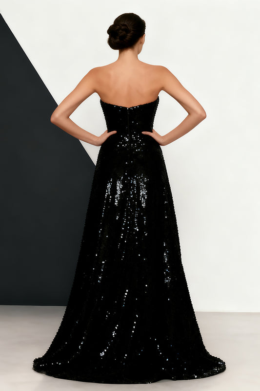 Sparkly Black and White Sequins Mermaid Strapless Long Formal Dress