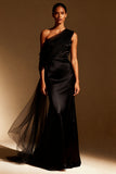 White Mermaid Satin One Shoulder Long Formal Dress with Side Cape