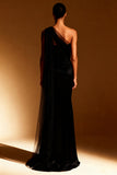 White Mermaid Satin One Shoulder Long Formal Dress with Side Cape