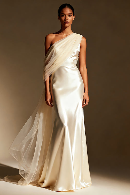 White Mermaid Satin One Shoulder Long Formal Dress with Side Cape