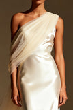 White Mermaid Satin One Shoulder Long Formal Dress with Side Cape