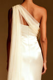 White Mermaid Satin One Shoulder Long Formal Dress with Side Cape