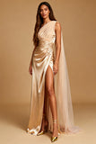 Champagne Satin Mermaid One Shoulder Ruched Long Formal Dress with Slit