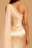 Champagne Satin Mermaid One Shoulder Ruched Long Formal Dress with Slit