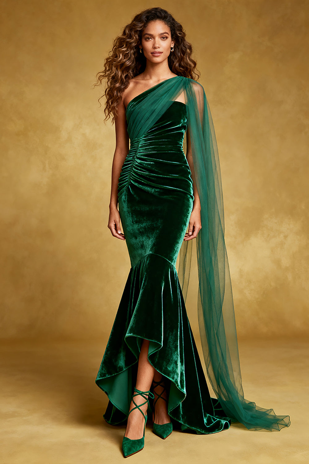 Zapakasa Women Dark Green Velvet Long Holiday Party Dress with Side