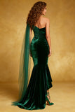 Dark Green Velvet Mermaid Ruffled Long Holiday Party Dress with Cape