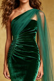 Dark Green Velvet Mermaid Ruffled Long Holiday Party Dress with Cape