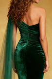Dark Green Velvet Mermaid Ruffled Long Holiday Party Dress with Cape