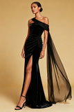 Black Mermaid One Shoulder Long Formal Dress with Slit