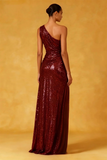 Sparkly Burgundy Sequin Ruched High-Low Formal Dress
