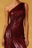 Sparkly Burgundy Sequin Ruched High-Low Formal Dress
