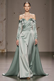 Mint Green Satin Off the Shoulder Long Formal Dress with Sleeves