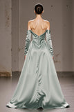 Mint Green Satin Off the Shoulder Long Formal Dress with Sleeves
