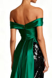 Sparkly Dark Green Off the Shoulder Long Formal Dress