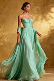 Sparkly Mint Green Chiffon Strapless Long Formal Dress with Shawl