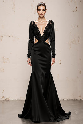 Black V-Neck Mermaid Long Sleeves Formal Dress with Lace
