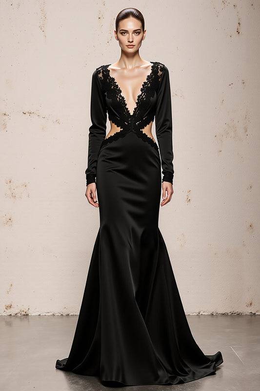 Black V-Neck Mermaid Long Sleeves Formal Dress with Lace