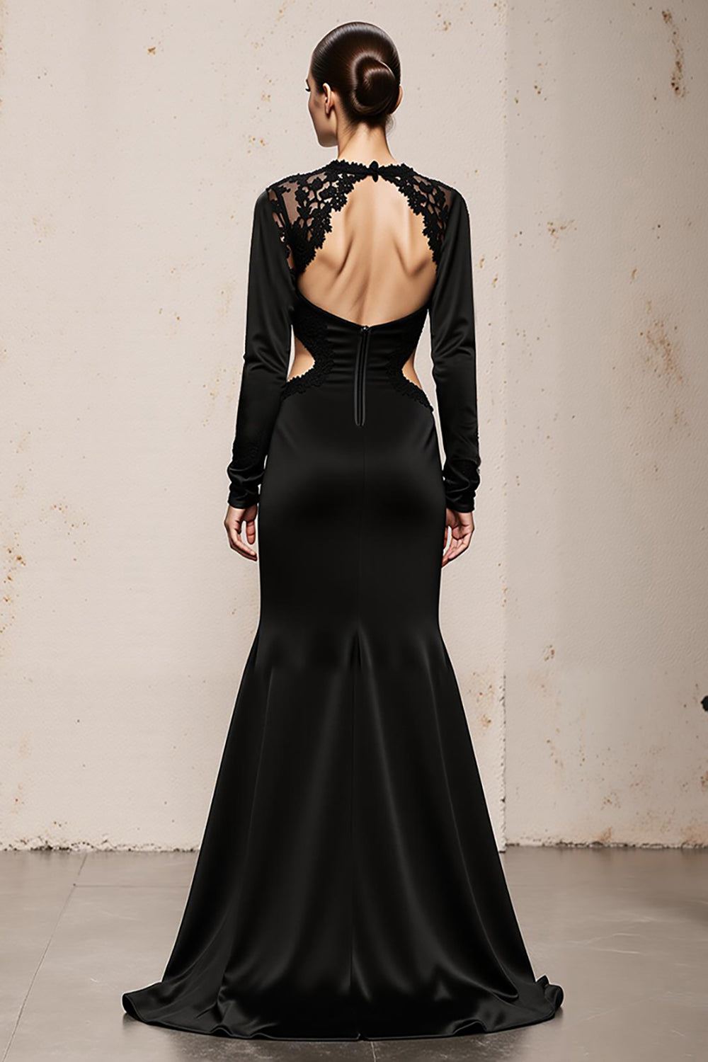 Black V-Neck Mermaid Long Sleeves Formal Dress with Lace