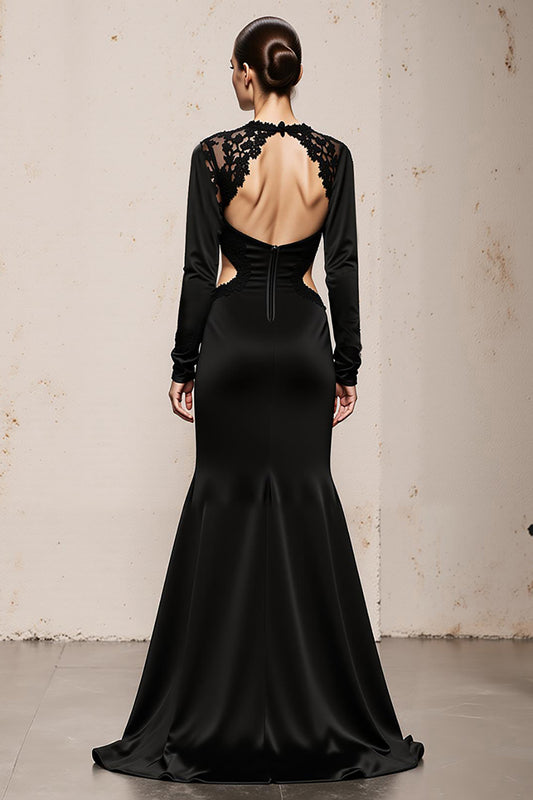 Black V-Neck Mermaid Long Sleeves Formal Dress with Lace