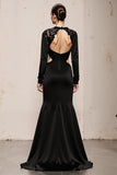 Black V-Neck Mermaid Long Sleeves Formal Dress with Lace