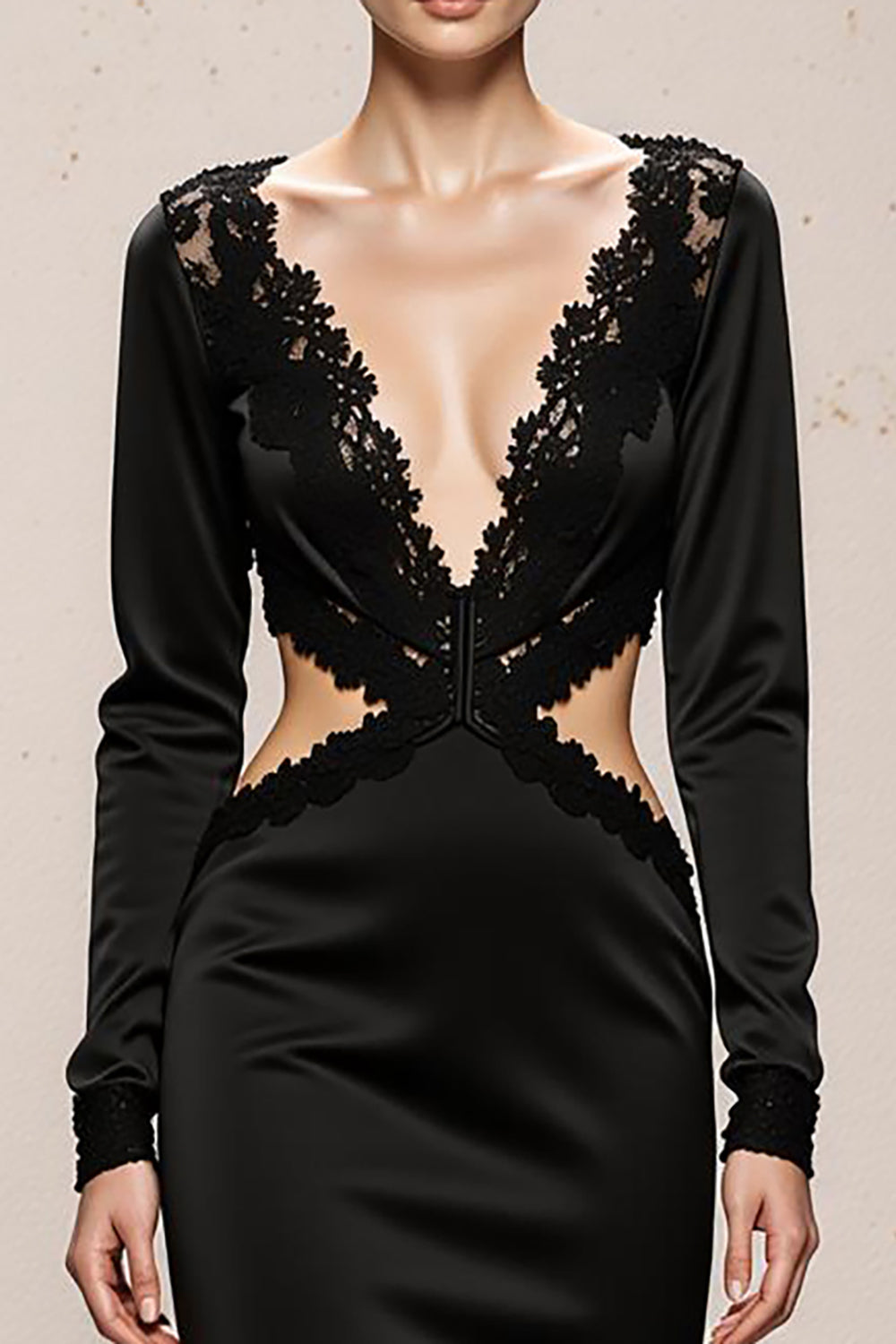 Black V-Neck Mermaid Long Sleeves Formal Dress with Lace