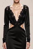 Black V-Neck Mermaid Long Sleeves Formal Dress with Lace