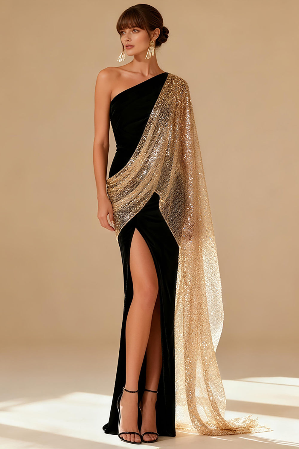 Zapakasa Women Sparkly Black Long Formal Dress with Slit Mermaid One Shoulder Evening Dress with Cape Zapakasa Women Sparkly Black Long Formal Dress with Slit Mermaid One Shoulder Evening Dress with Cape