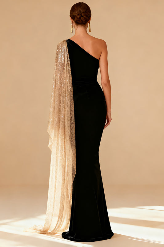 Sparkly Black Mermaid One Shoulder Long Formal Dress with Slit