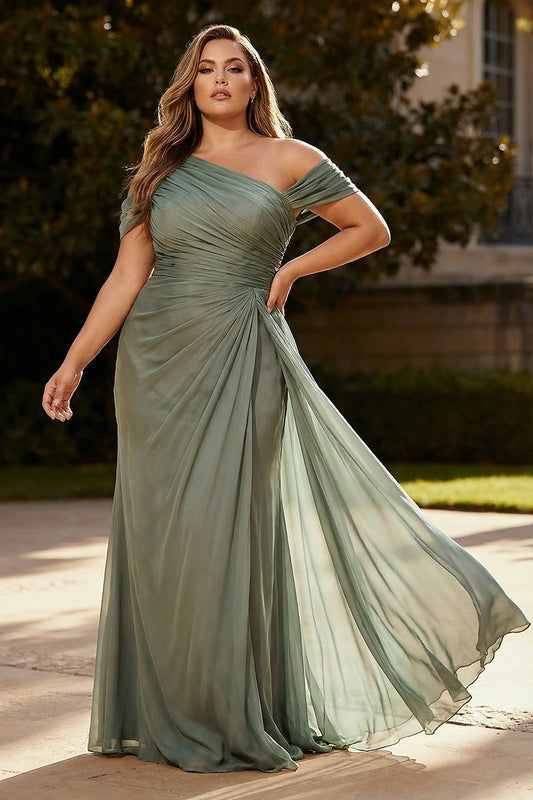 Plus Size Dusty Sage Chiffon A Line Ruched Long Formal Dress with Side Cape