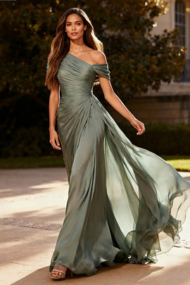Dusty Sage Chiffon Ruched Long Formal Dress with Side Cape