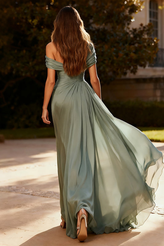 Dusty Sage Chiffon Ruched Long Formal Dress with Side Cape