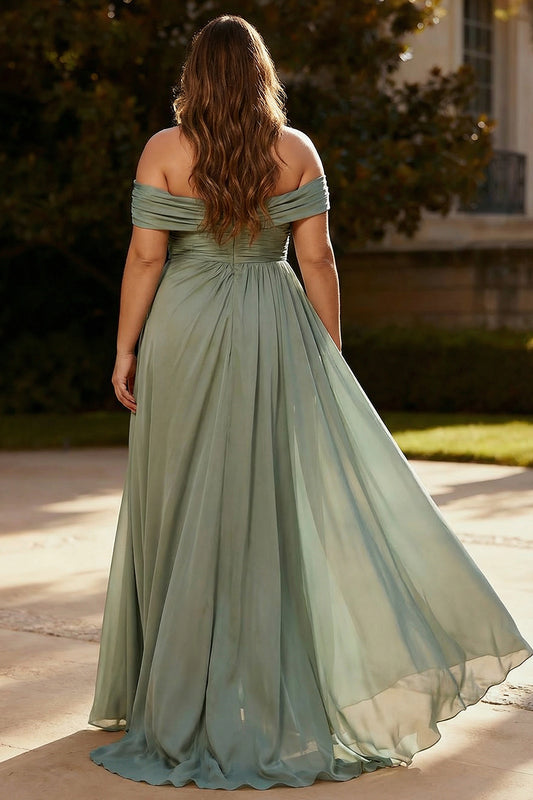 Plus Size Dusty Sage Chiffon A Line Ruched Long Formal Dress with Side Cape