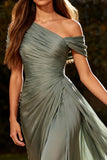 Dusty Sage Chiffon Ruched Long Formal Dress with Side Cape