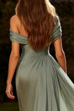 Dusty Sage Chiffon Ruched Long Formal Dress with Side Cape
