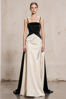 Black and White Satin Spaghetti Straps Long Formal Dress