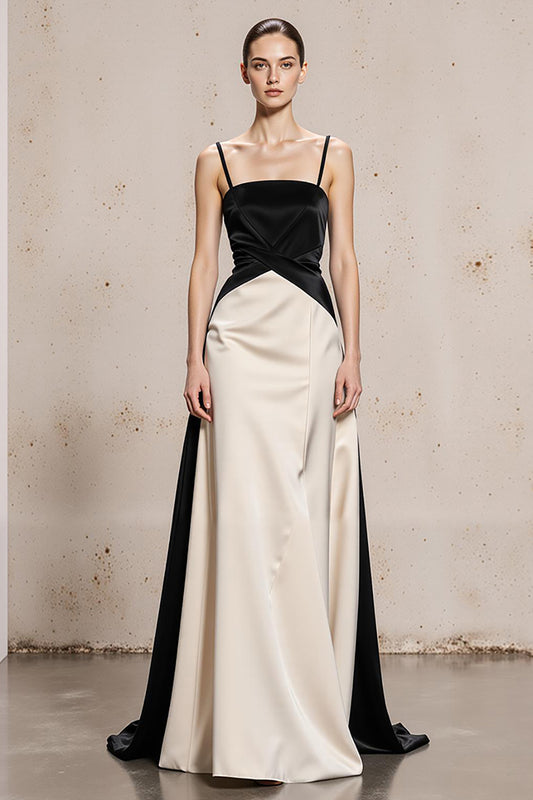 Black and White Satin Spaghetti Straps Long Formal Dress