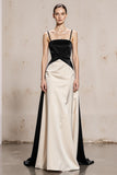 Black and White Satin Spaghetti Straps Long Formal Dress