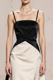 Black and White Satin Spaghetti Straps Long Formal Dress