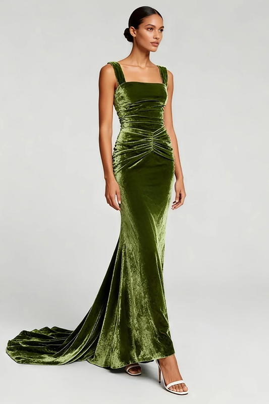 Simple Olive Mermaid Velvet Long Formal Dress