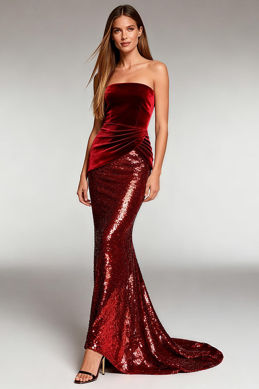 Sparkly Burgundy Strapless Sequin Long Formal Dress