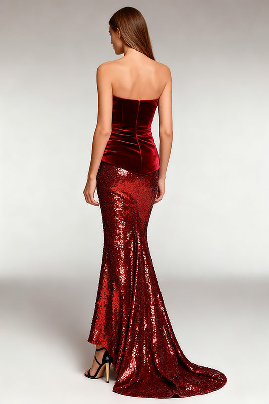 Sparkly Burgundy Strapless Sequin Long Formal Dress