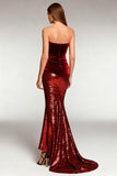 Sparkly Burgundy Strapless Sequin Long Formal Dress