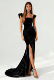 Simple Black Mermaid Ruched Long Formal Dress with Slit