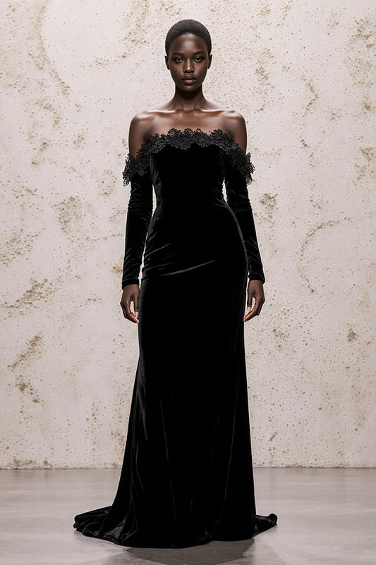 Black Velvet Off the Shoulder Sheath Long Sleeves Holiday Party Dress with Lace