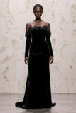 Black Velvet Off the Shoulder Sheath Long Sleeves Holiday Party Dress with Lace