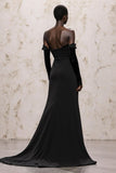 Black Velvet Off the Shoulder Sheath Long Sleeves Holiday Party Dress with Lace