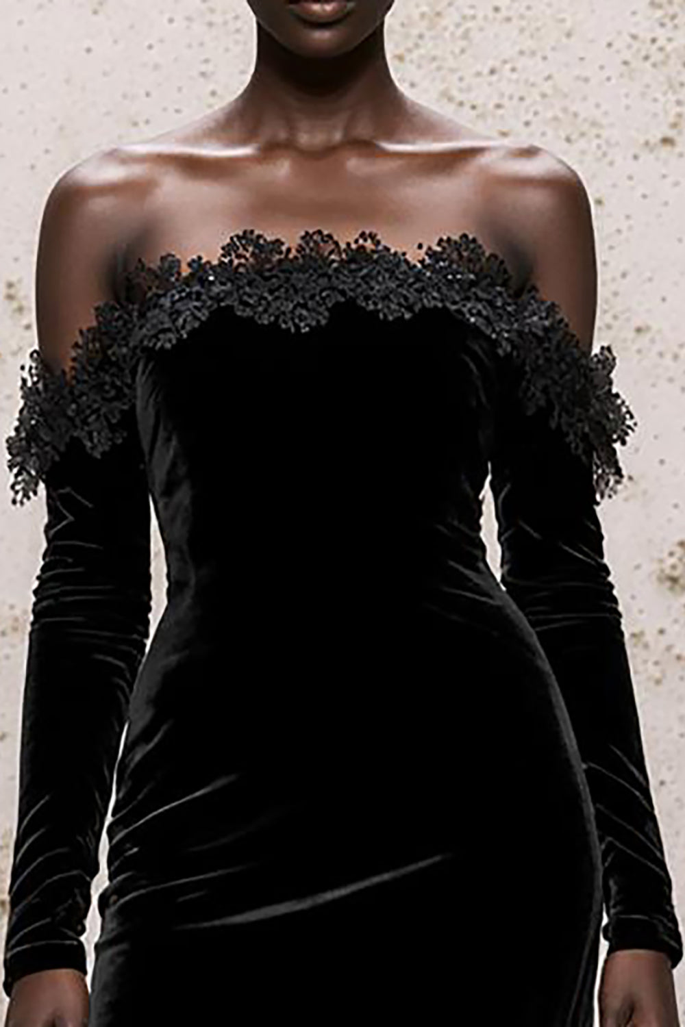 Black Velvet Off the Shoulder Sheath Long Sleeves Holiday Party Dress with Lace
