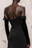 Black Velvet Off the Shoulder Sheath Long Sleeves Holiday Party Dress with Lace