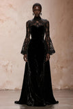 Black Velvet Sheath High Neck Lace Long Sleeves Holiday Party Dress