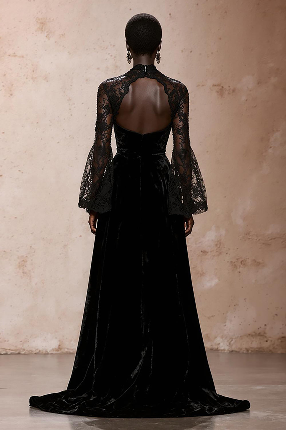 Zapakasa Women Black Velvet Long Sleeves Holiday Party Dress Sheath High Neck Lace Backless Formal Dress Zapakasa Women Black Velvet Long Sleeves Holiday Party Dress Sheath High Neck Lace Backless Formal Dress